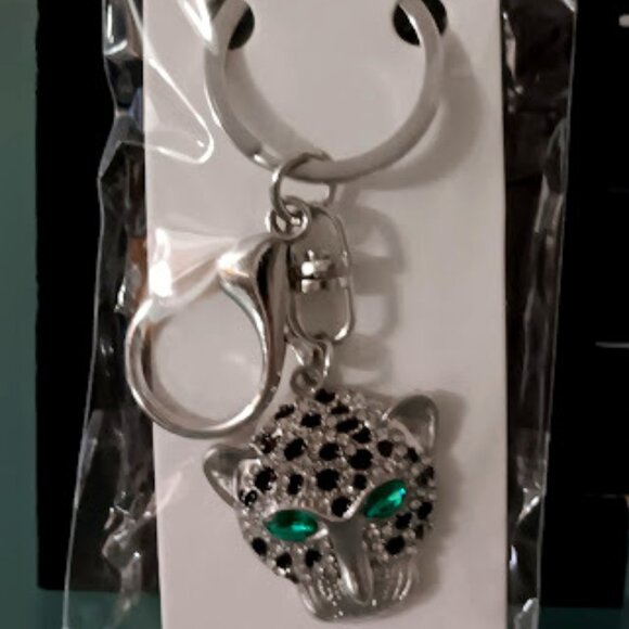 Mint Accessories - MINT Cheetah Silver Black Enamel Green & Clear Crystals Purse Charm Key Chain